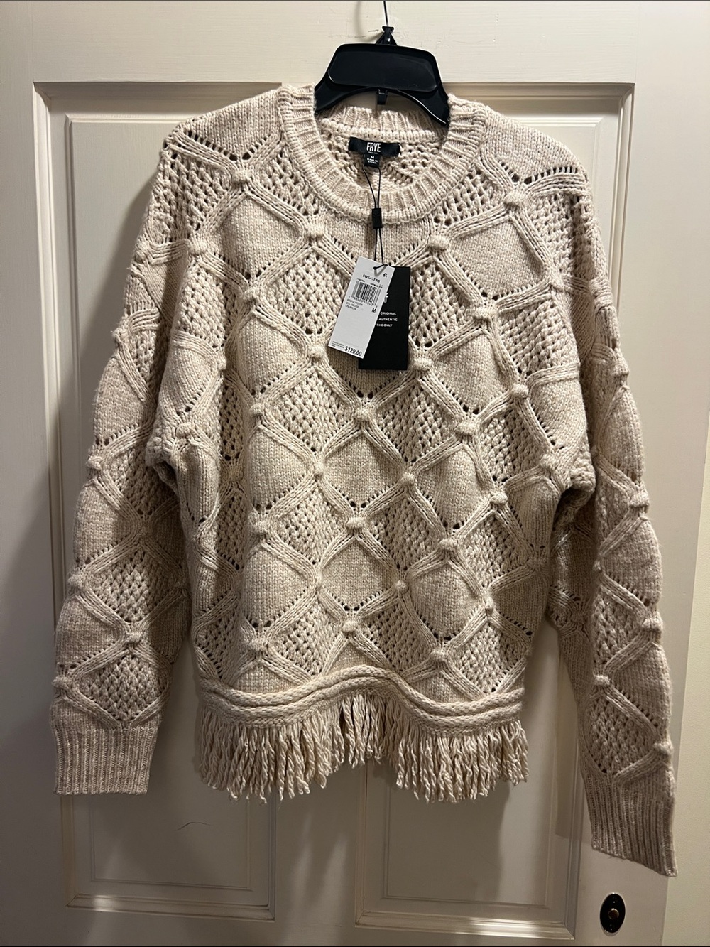 Frye Cream Openwork Knit Fringe Sweater